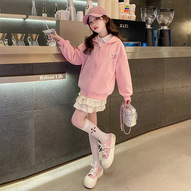 Factory Direct Girls Spring 2024 Pearl Embellished Hoodie Pleated Skirt Set Children Clothes 2 Pieces Set Girls Clothing Sets