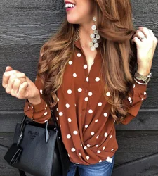 Новинка Осень-зима 2021, модная блузка в горошек с воротником, длинными рукавами и пуговицами