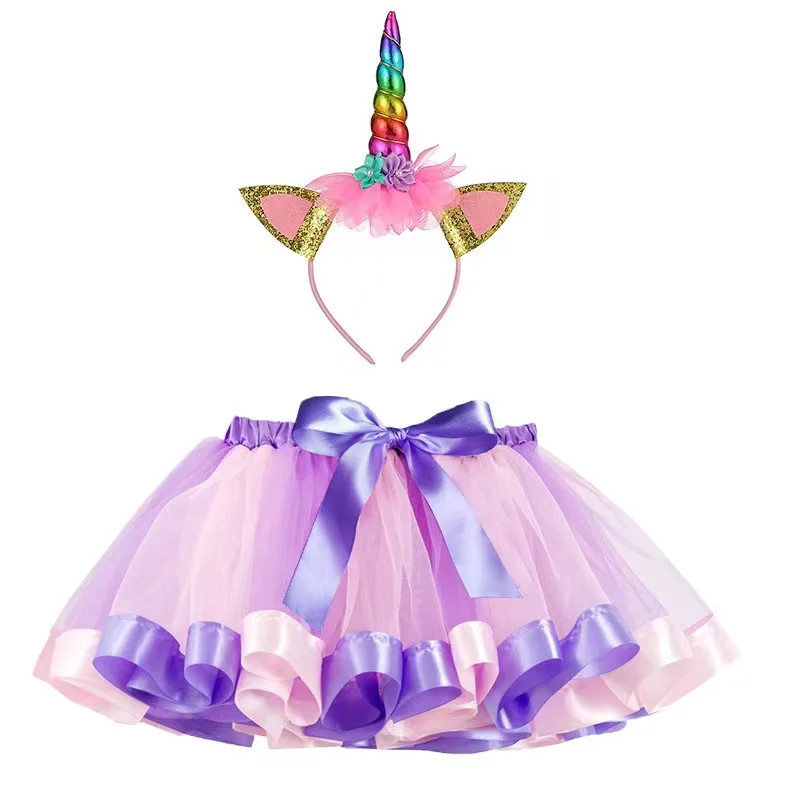 Fancy Rainbow Ballet Tutu Skirt Sets Tutu Skirt With Headbands Costume Christmas Rainbow Tulle Tutu Skirt For Girls
