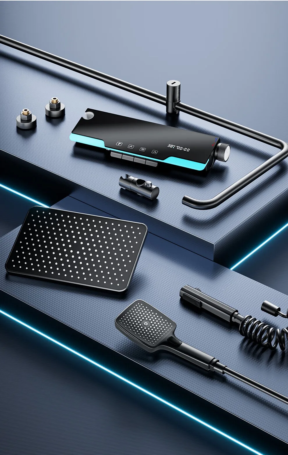 Adjustable Square Thermostatic Bathroom light digital display thermostatic bathroom shower copper faucet pressurized shower set