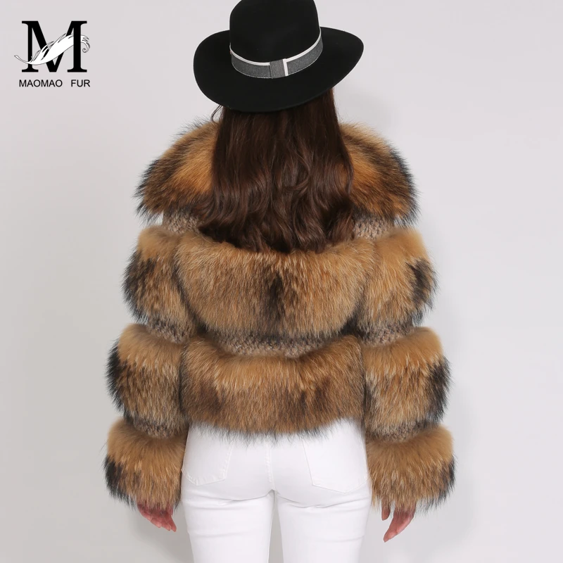 New Fashionable Woman Jacket Fur Real Raccoon Fur Jacket Fluffy Big Raccoon Fur Collar Coat