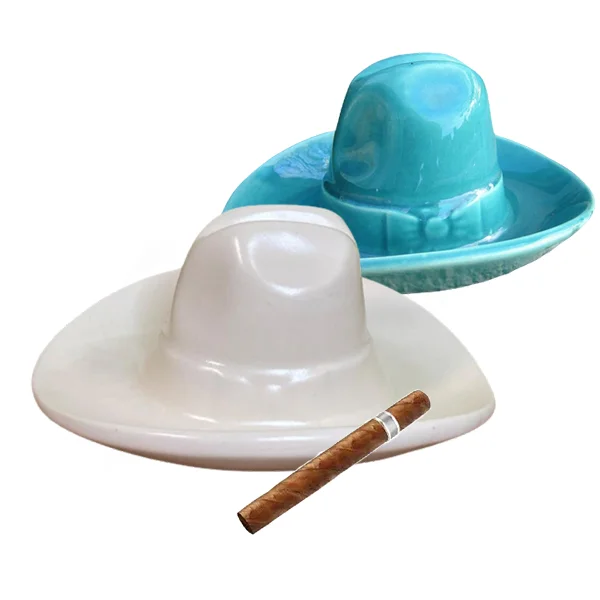 Wholesale Vintage Pottery Cowboy Hat Ashtray Ceramic Hat Cigar Ashtray White Blue Custom Glaze Ashtray