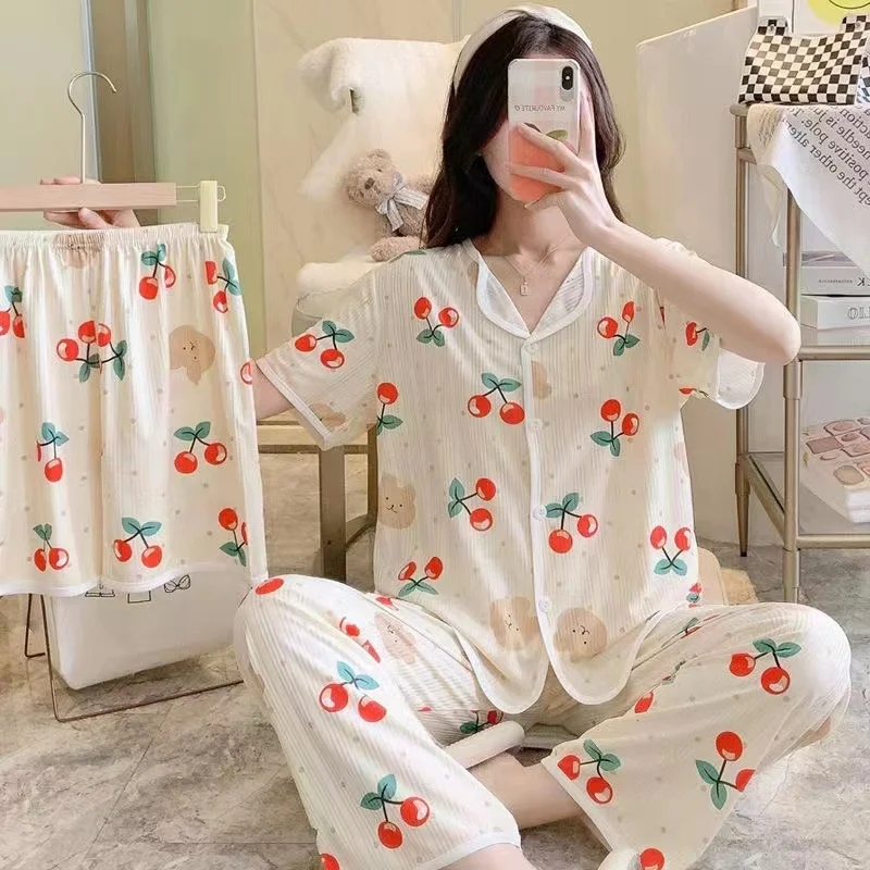 Hot Korea Girl Summer Spring Cherry Print Cotton Pajamas Three Piece Set Sexy Shirt Pyjama Night Gowns Women Sleepwear For Girls