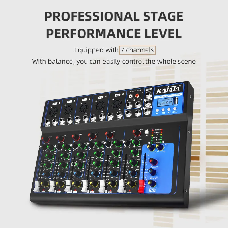 KAIKA F7- MB Professional 7-channel live sound card USB playback DJ console  Audio Mixer
