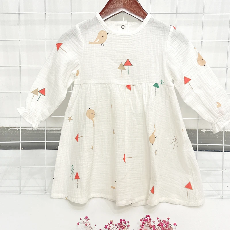 100%Cotton Double Layers Crinkle Crepe Printed Long Sleeve Children Girl Baby Dress