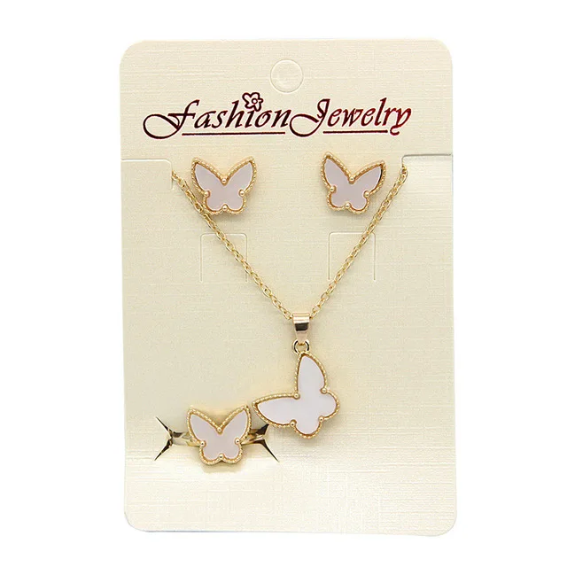 Wholesale Four-leaf Clover Three-piece Earrings Ring Pendant Simple Colorful Butterfly Necklace Set