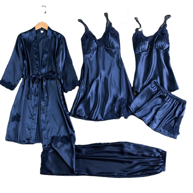 Hot Selling High Quality Romantic Short  Nightdress 5 Piece Sexy Suspender Dress Satin  Lace Nightgown