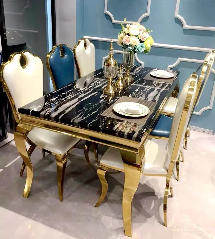 2021 new modern luxury stainless frame marble top dining table chairs set 6 chairs living furniture set