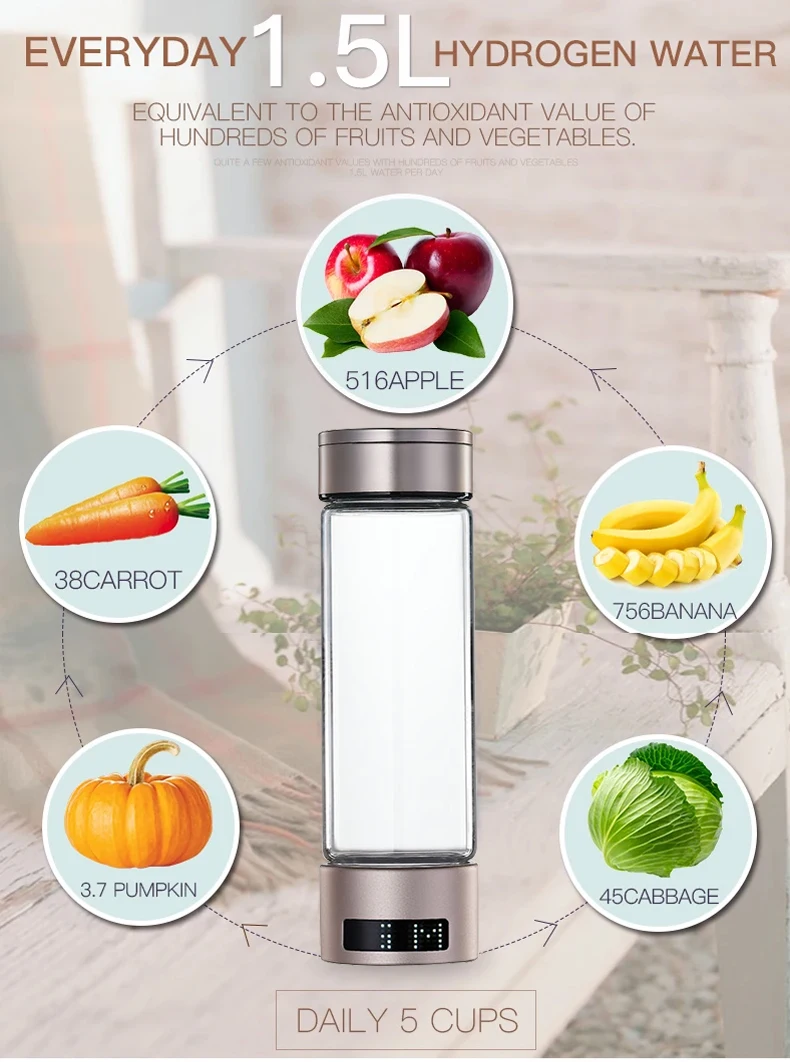 New 2024 High Quality Rich Portable Led USB Battery PEM SPE H2 Wholesale Glass Hydrogen Water Bottle Generator