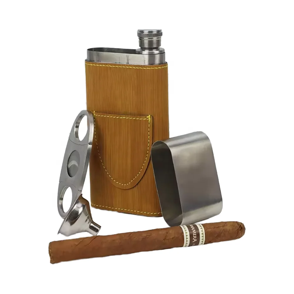 High Quality Cigar Cases 2oz Hip Flask Custom Engraved Logo Leatherette Portable Travel Cigar Humidor With Cigar Cutter