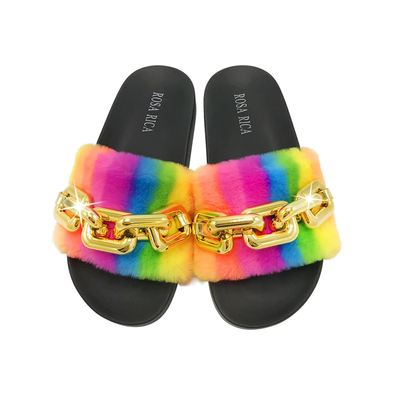  Hot Sale Soft Sandals Designer Fluffy Outdoor EVA Metal Chain Fur Slides Winter Women