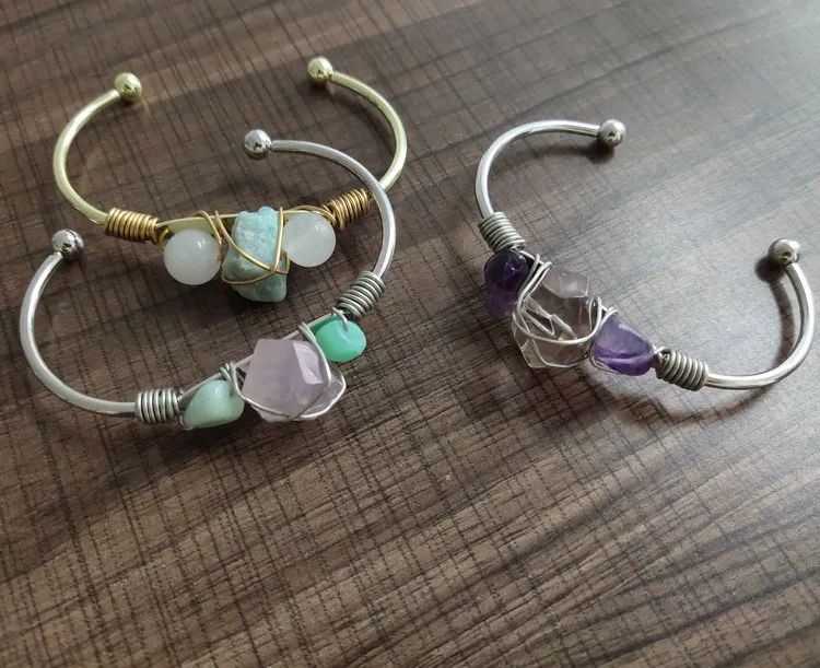 Zooying stackable gold silver  handmade natural quartz stone jewelry  bracelet  crystal wire wrap  cuff bangle for women