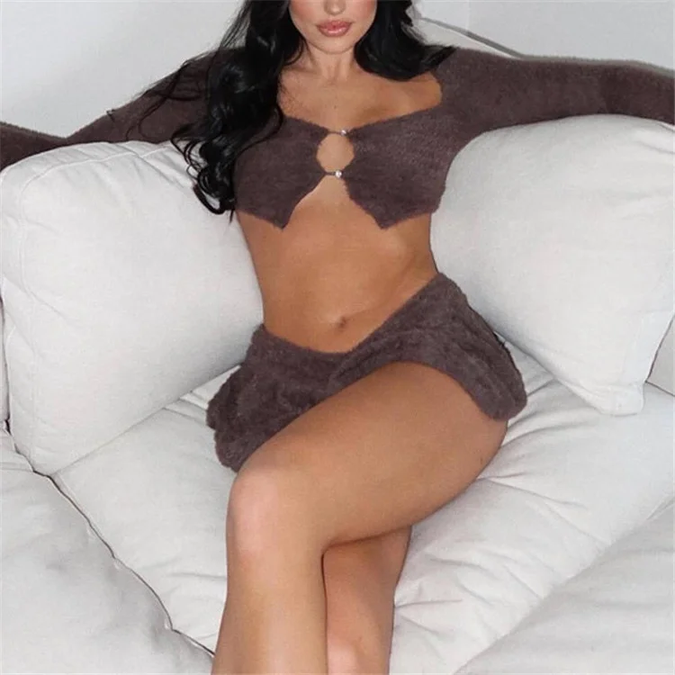Two Piece Sets Women Outfits 2023 Fluffy Long Sleeve Top and Mini Pleated Skirt Sexy New In Matching Sets