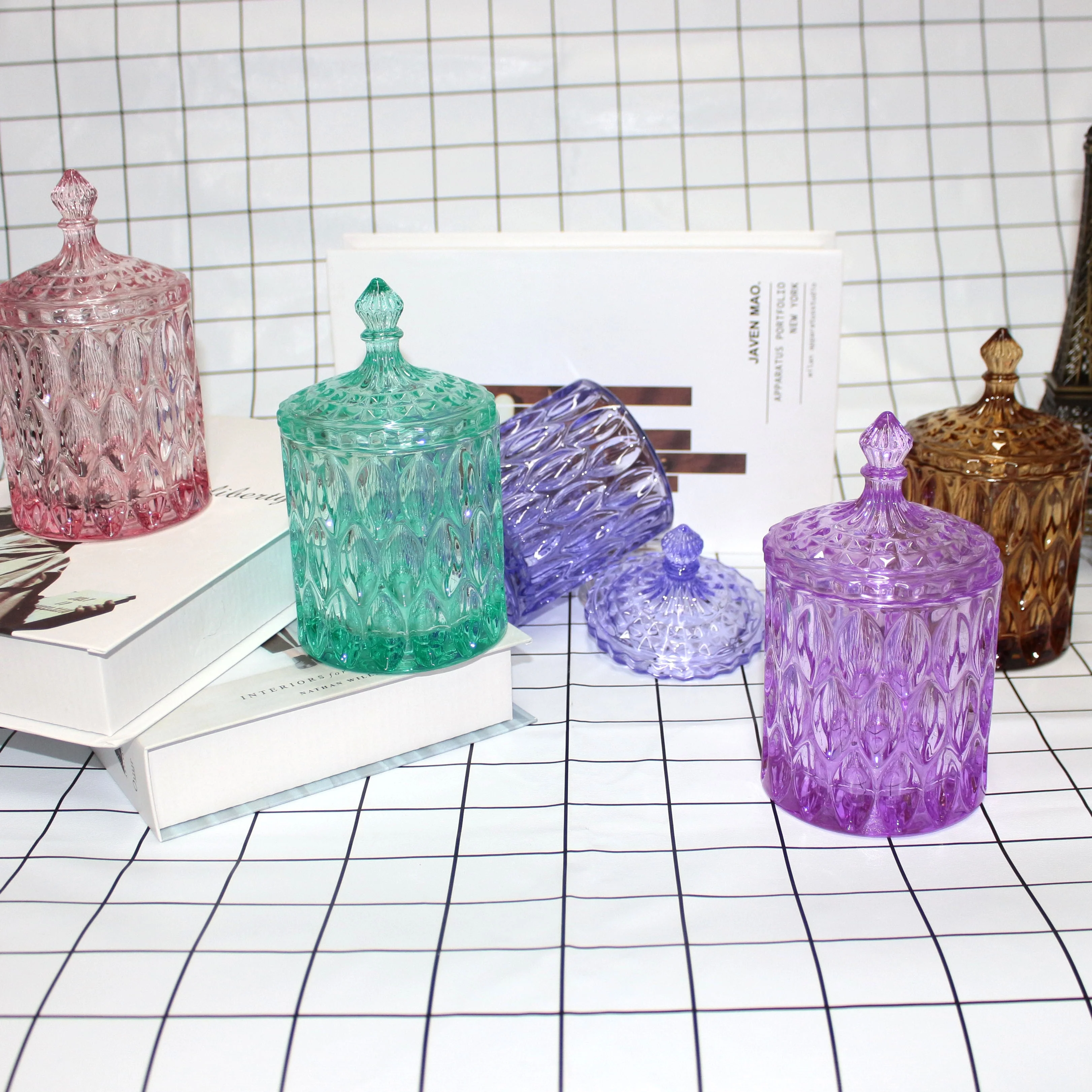 LANGXU high quality cylindrical short large capacity pink purple green candy jar with glass lid for food storage candy