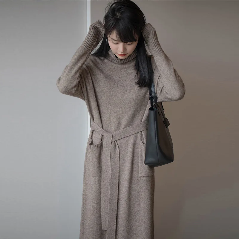 2025 весеннее Новое поступление модное женское платье-свитер с высоким воротом и длинными рукавами