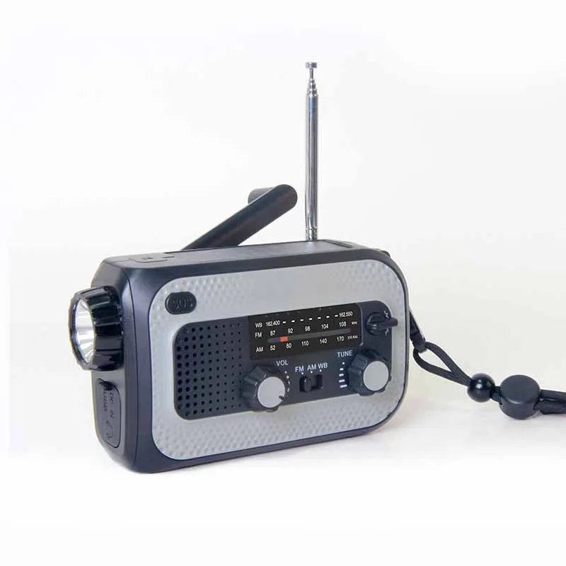 Fashion portable outdoor home radio can be hand-cranked AM/FM radio with weather forecast and three-speed dimmed flashlight
