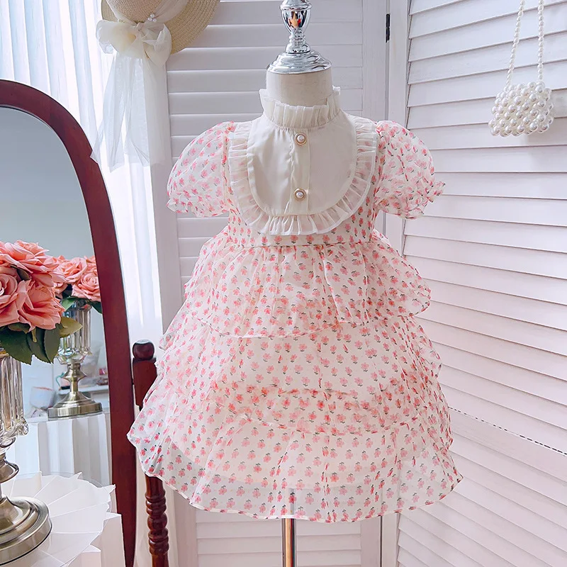 2-7 Years 2023 Children Lolita Dress Gauze Layered Girls Pettiskirt Toddler Summer Clothes Skirt Pink Vintage Wholesale Clothing
