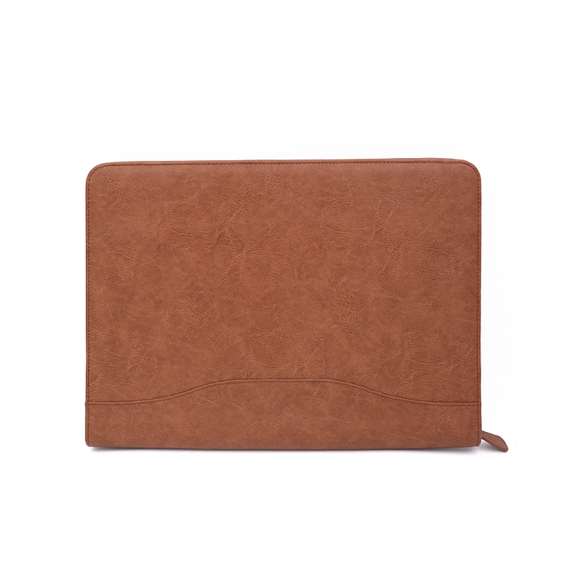 High End Leather File Folder Organizer Custom PU Business Document Zippered Bag Portfolio With Letter-Size Notepad