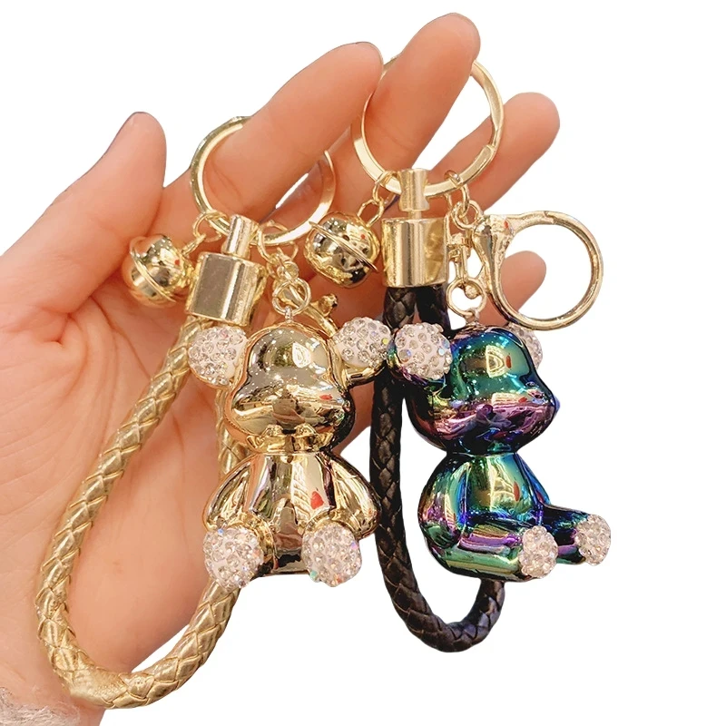 Fashion Cartoon Cute Electroplated Bear Doll 3D Teddy Bear Keychain Leather Rope Wristband Cute Bear key chain Bag charm Pendant