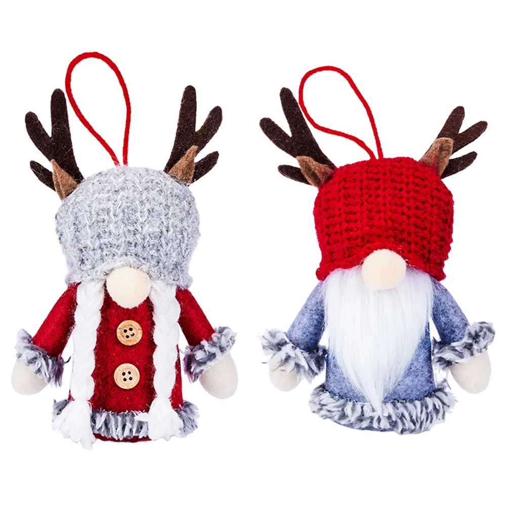 Christmas Tree Ornament Creative Cute Knitted Antler Hat Rudolph Doll With LED Light Hanging Gnomes Holiday Decoration Pendant