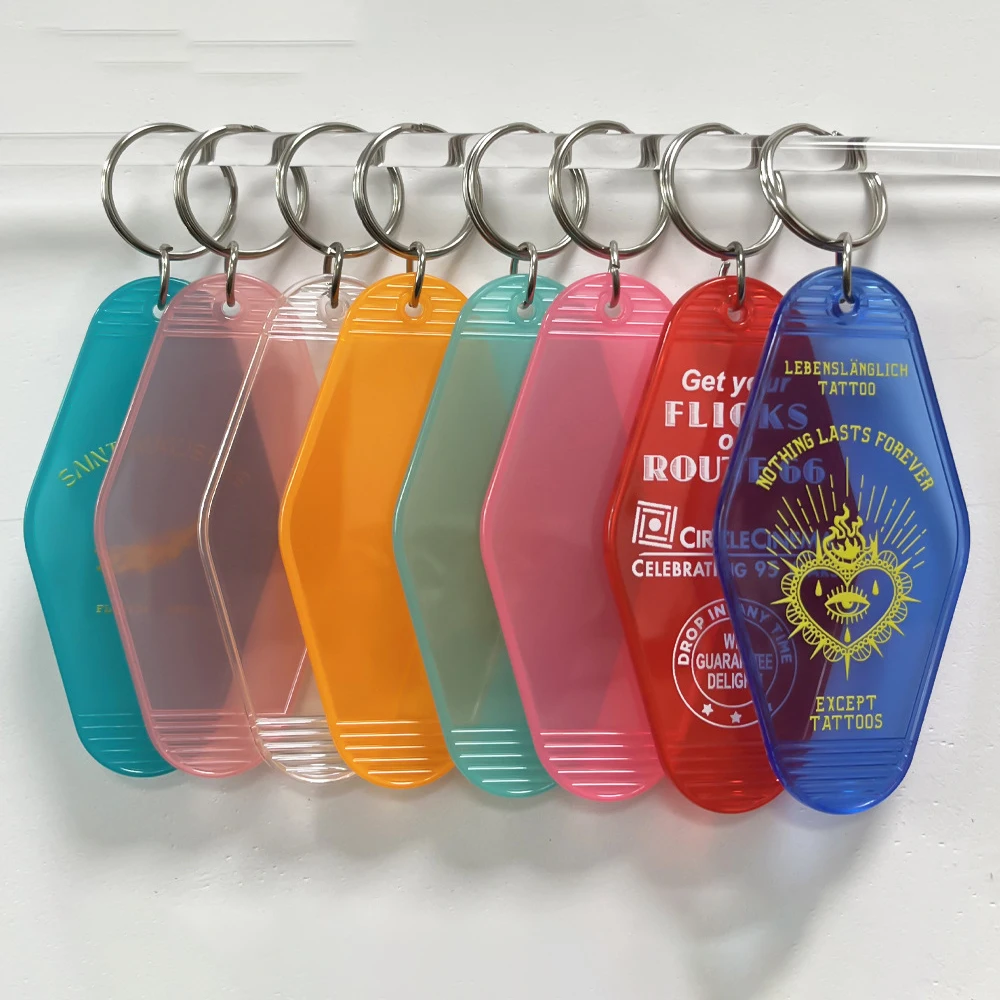 Custom logo iridescent plastic acrylic metal retro motel room key chain blank vintage motel hotel keychain for hotel room