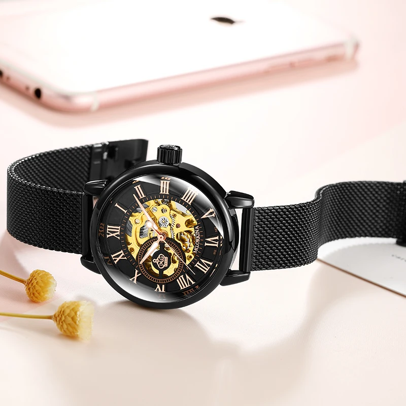 ORKINA Mechanical Women Bracelet Watch Skeleton Automatic Wristwatch Mesh Stainless Steel Band Female Clock Chic Reloj Mujer