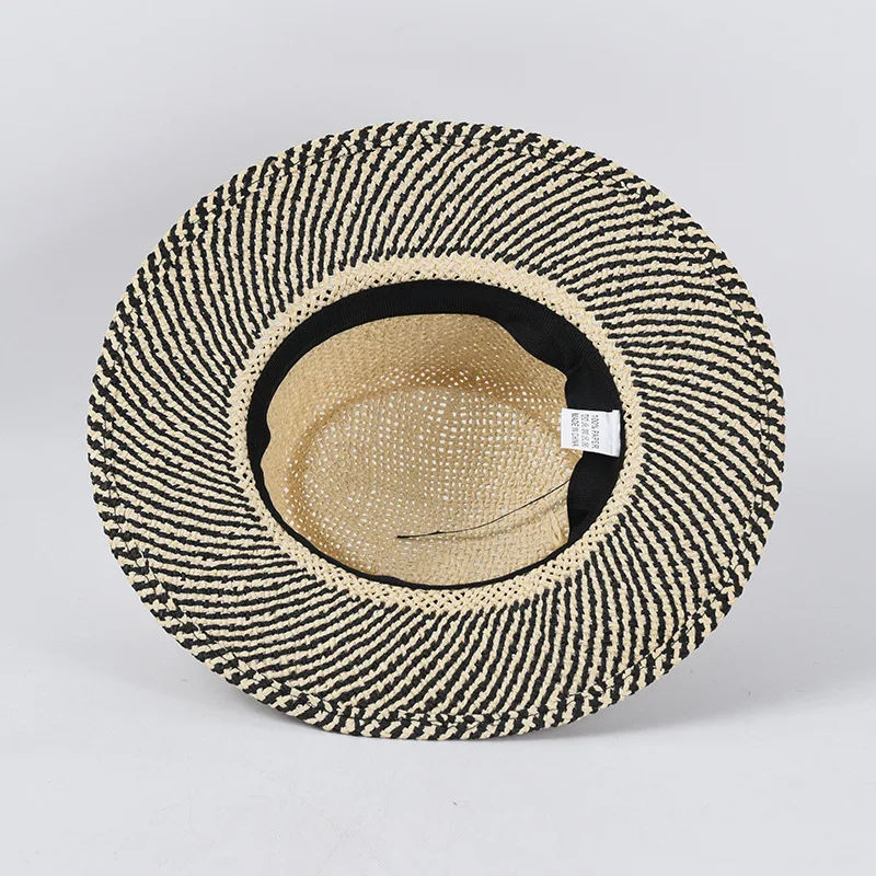 C107337  Panama Hat Men PorkPie Sun Hat Summer Straw Wide Brim Fedora Male Hand Knitting Black Patchwork Casual Beach Tribby Hat