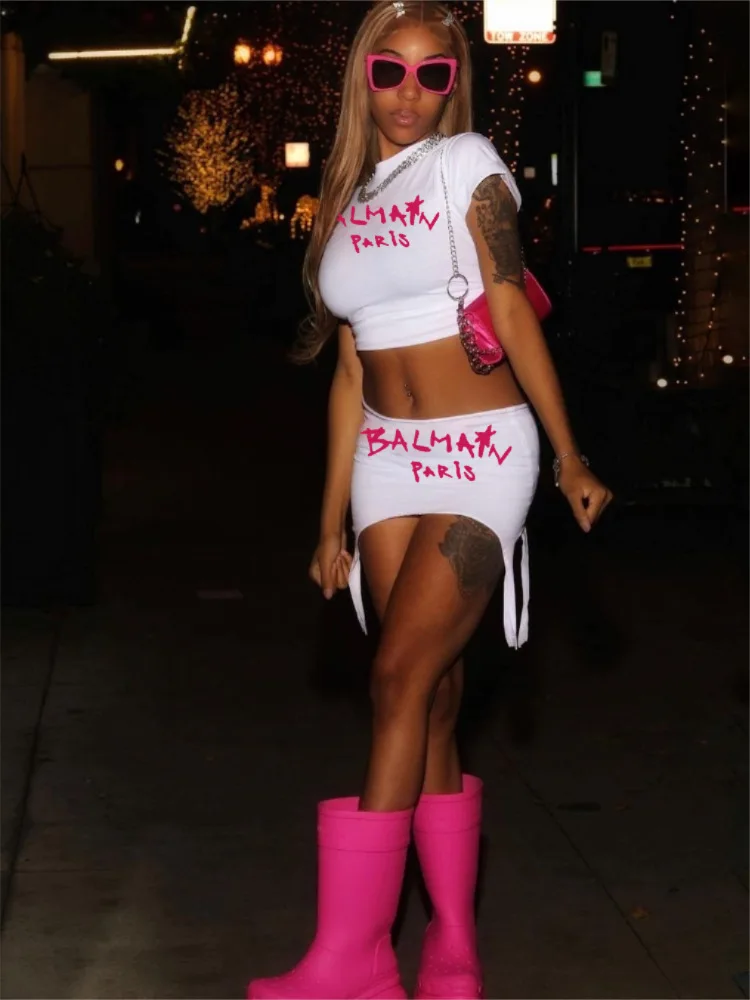 Y2K Designer Clothes Letter Print Outfits 2 Piece Mini Skirt And Crop Top Set For Women Casual Elegant Women Two Piece Set