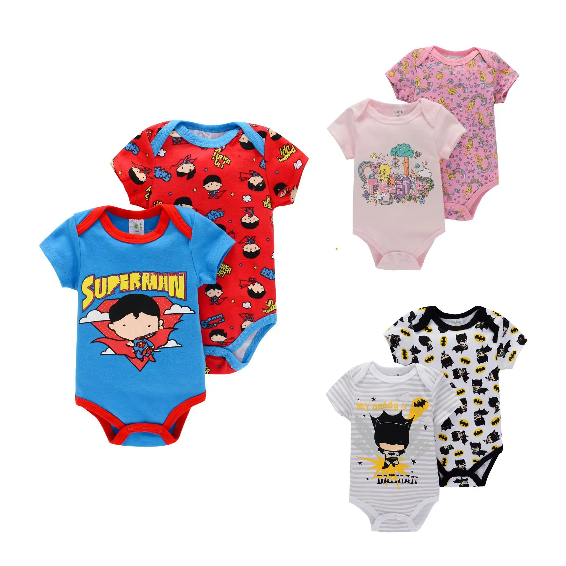 new arrival short sleeve unisex snap button closed two pieces package hero pattern printed romper baby