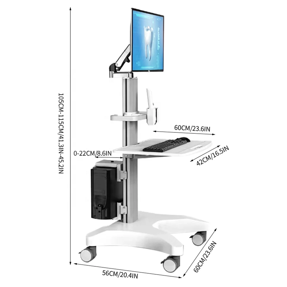 Height adjustable Medical Mobile Cart Computer and Laptop Cart Nursing Cart Dental Trolley Stand for Oral Scanner with Mutes