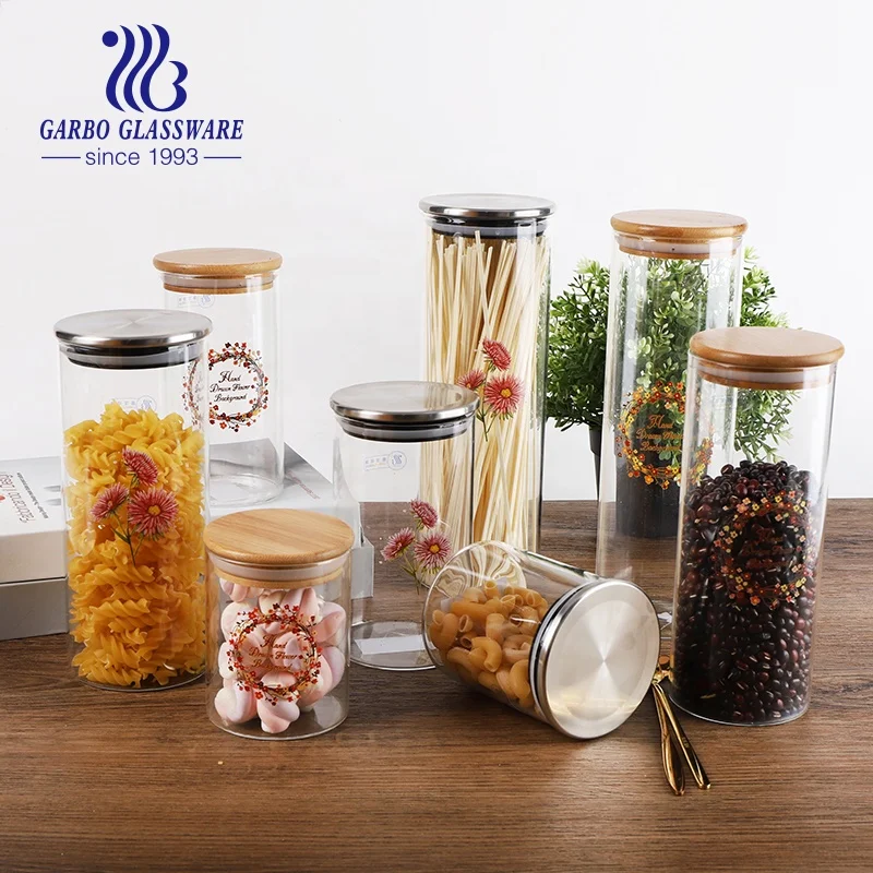 Customized designs borosilicate glass storage jar with lid kitchenware food spaghetti beans spice keep fresh gifts for mom