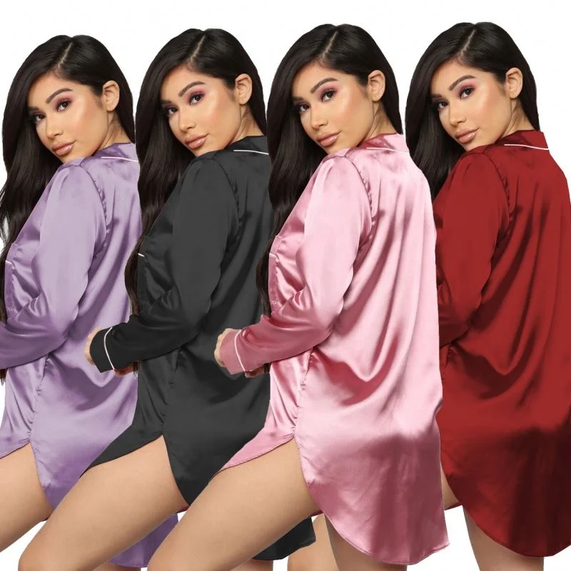 long sleeve shirt lounge wear silk pajamas night wear pyjamas women sleepwear nightgown