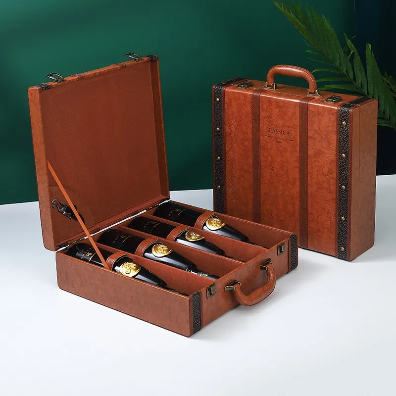 Personalized Luxury Leather Wine Gift Box 4 Bottles Wine Packaging Wood Box With Accessories For Wine Bottle
