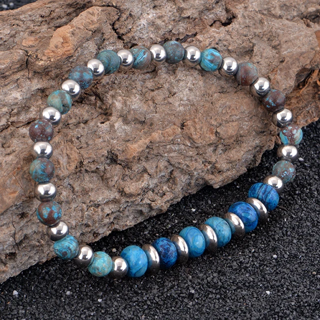 Custom high quality  men jewelry  Natural Stone picasso stainless steel  elasticity  bead Bracelet
