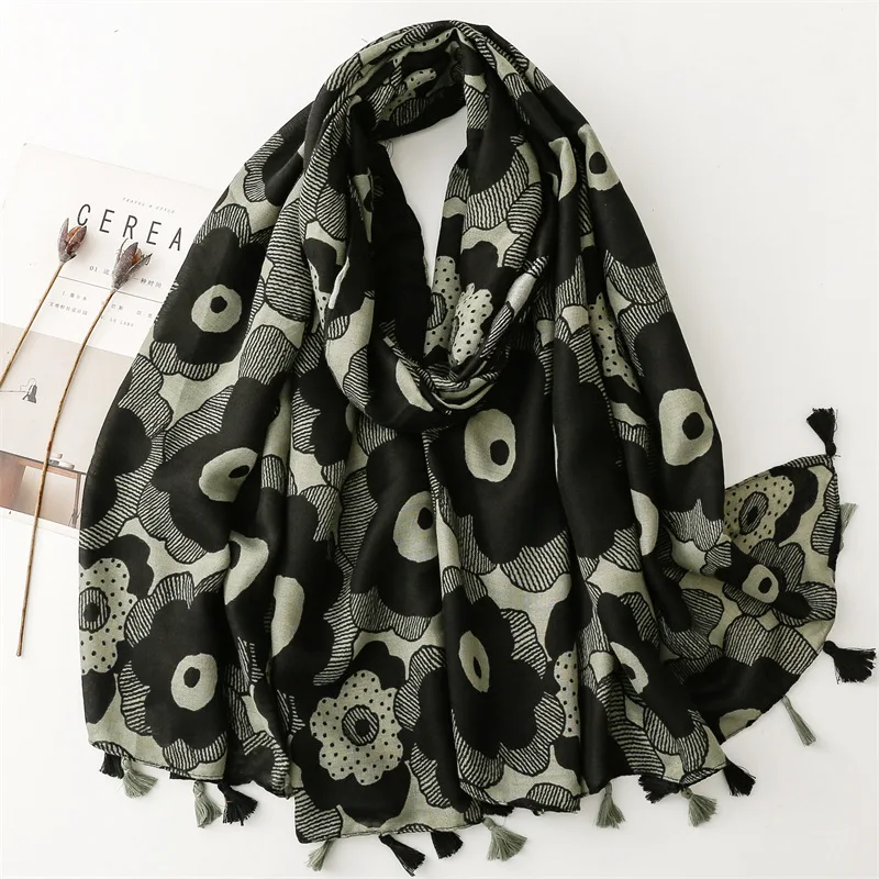 Autumn Thick Warm Black Flower Viscose Cotton Printed Scarf Indoor Shawl Muslim Women Head Wraps Dubai Arab Hijab Scarves