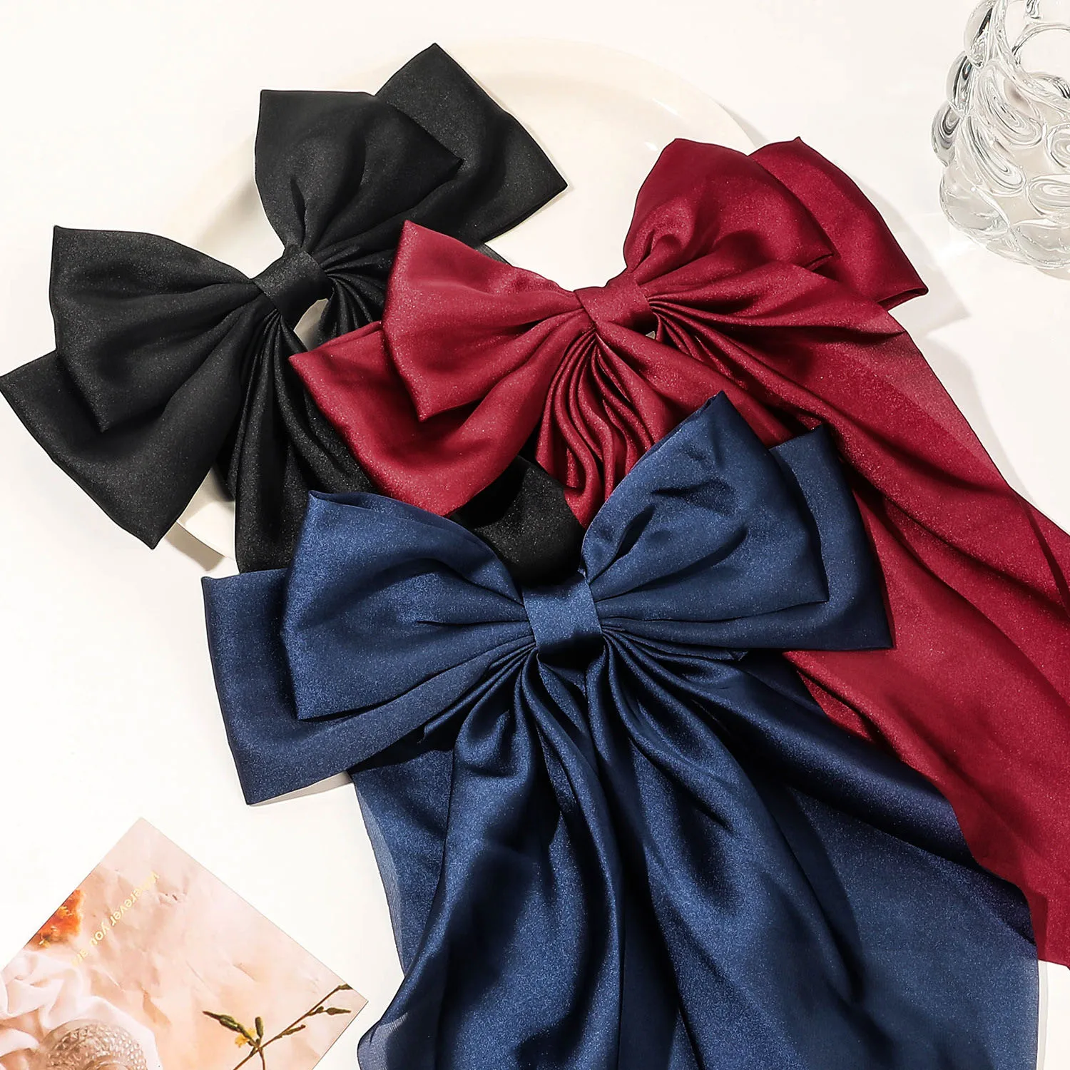 Korean high quality solid color bow hair clip Vintage satin long ribbon hair clip Cute princess hair accessories