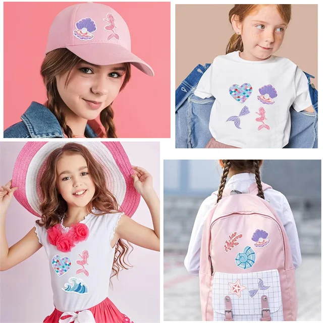 cute cartoon ocean theme iron on sewing on  embroidered mermaid tail seashell conch shell starfish patches