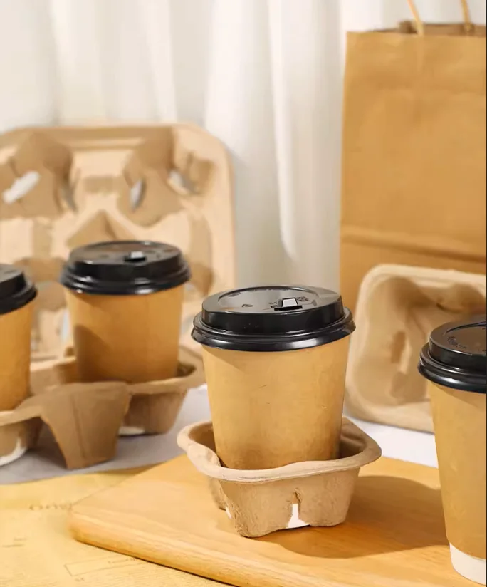 Disposable Customized Kraft Take Away Drink Eco Paper Coffee Cardboard Cup Holder Carrier Packing 2 Caves
