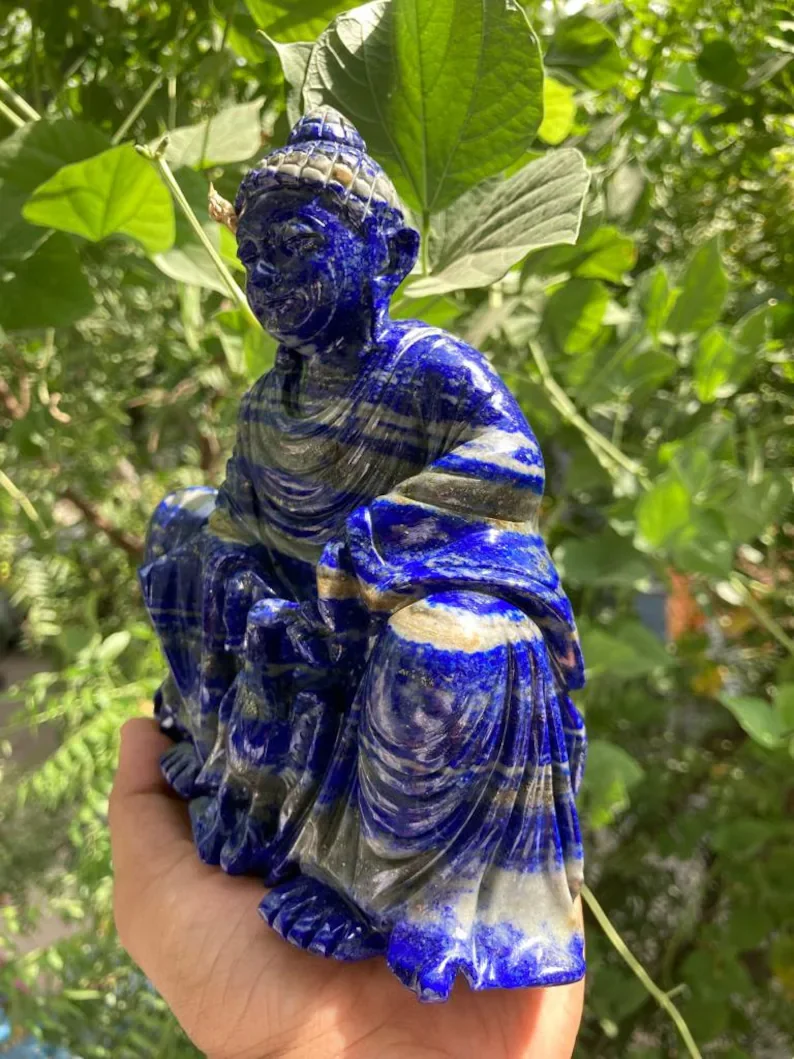 Blue Lapis Lazuli Buddha Crystal Statue Hand-carved Gemstone Buddha Home Decor Semi-Precious Stone Crafts Gift