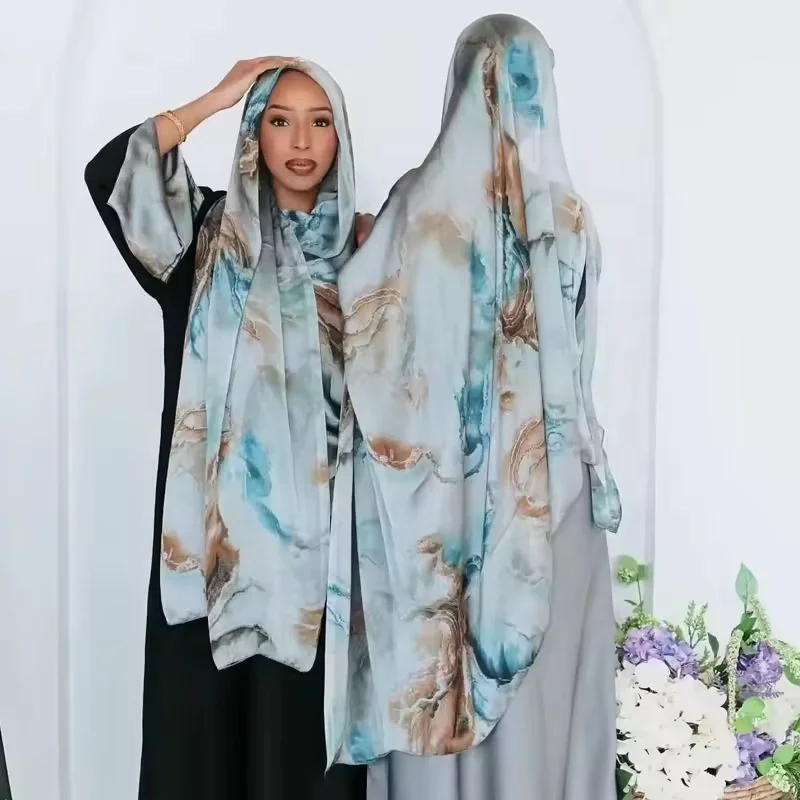 Wholesale 180*85cm Women Modest Printed Hijabs Brimming Chiffon Silk Muslim Premium Ombre Marble Water Print Shawl Hijab Scarves