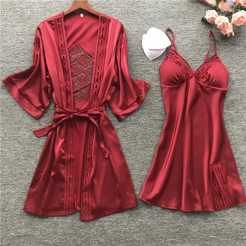 2019 new sling pajamas robe with chest pad ice silk long sleeve two-piece set woman satin chemise nightgown robe sleepwear