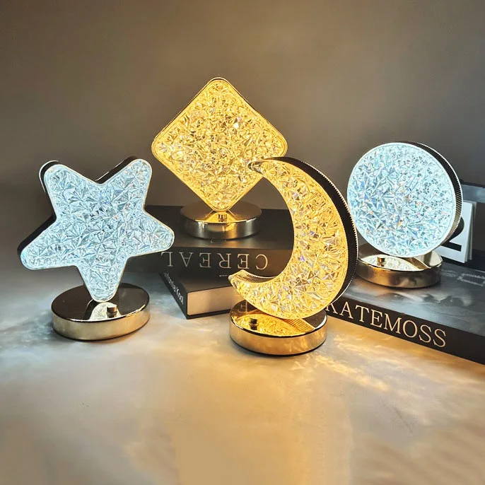USB Rechargeable Touch Tricolor Lamp Led Star Crescent Moon Acrylic Crystal Decorative Half Moon Night Light For Kids Girls Gift