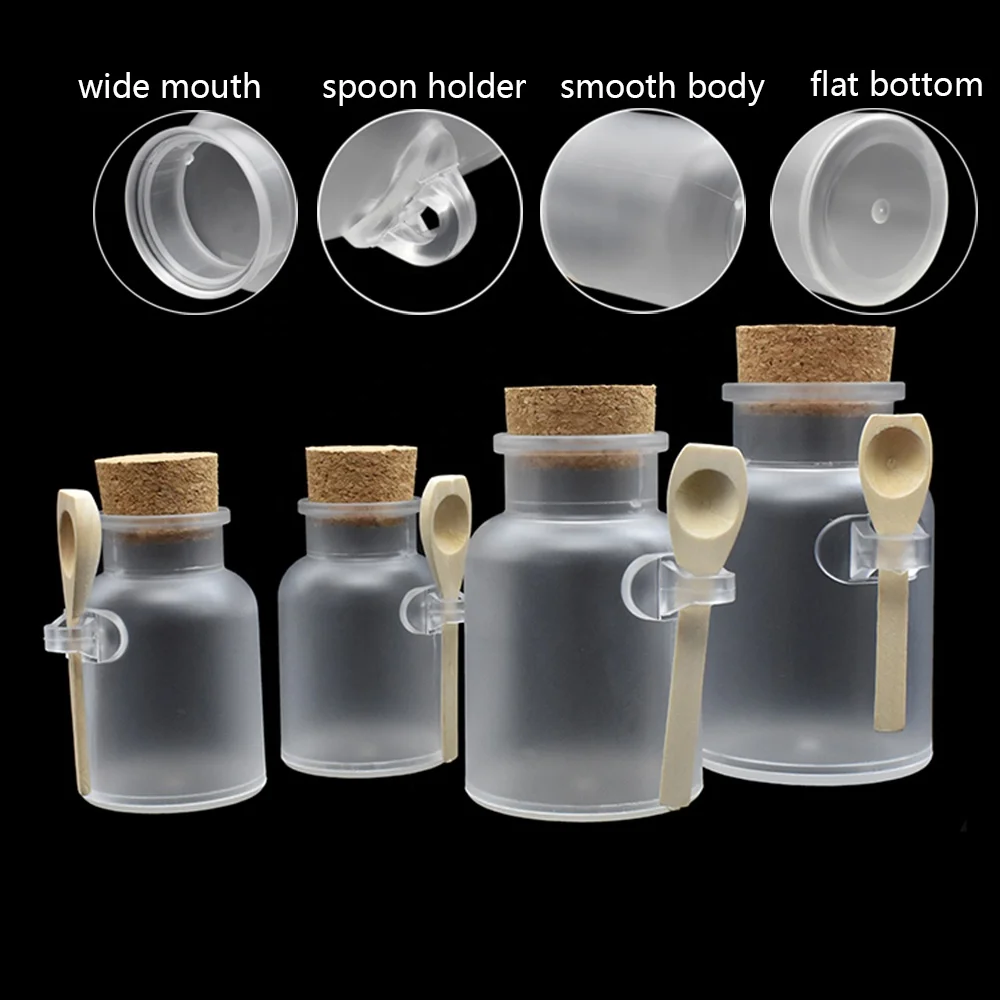 Durable 100ml 200ml 300ml plastic bath salt bottle matt clear ABS cosmetic packaging with wooden spoon cork in stock