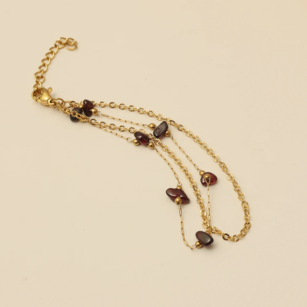 MX Unique Birthstone Bracelet Stainless Steel 18K Gold Double Chain Bracelet Garnet Stone Beaded Jan Dainty Bracelet