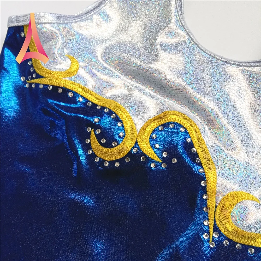Оптовая продажа, слитное боди из спандекса, синее гимнастическое трико без рукавов для девочек, распродажа