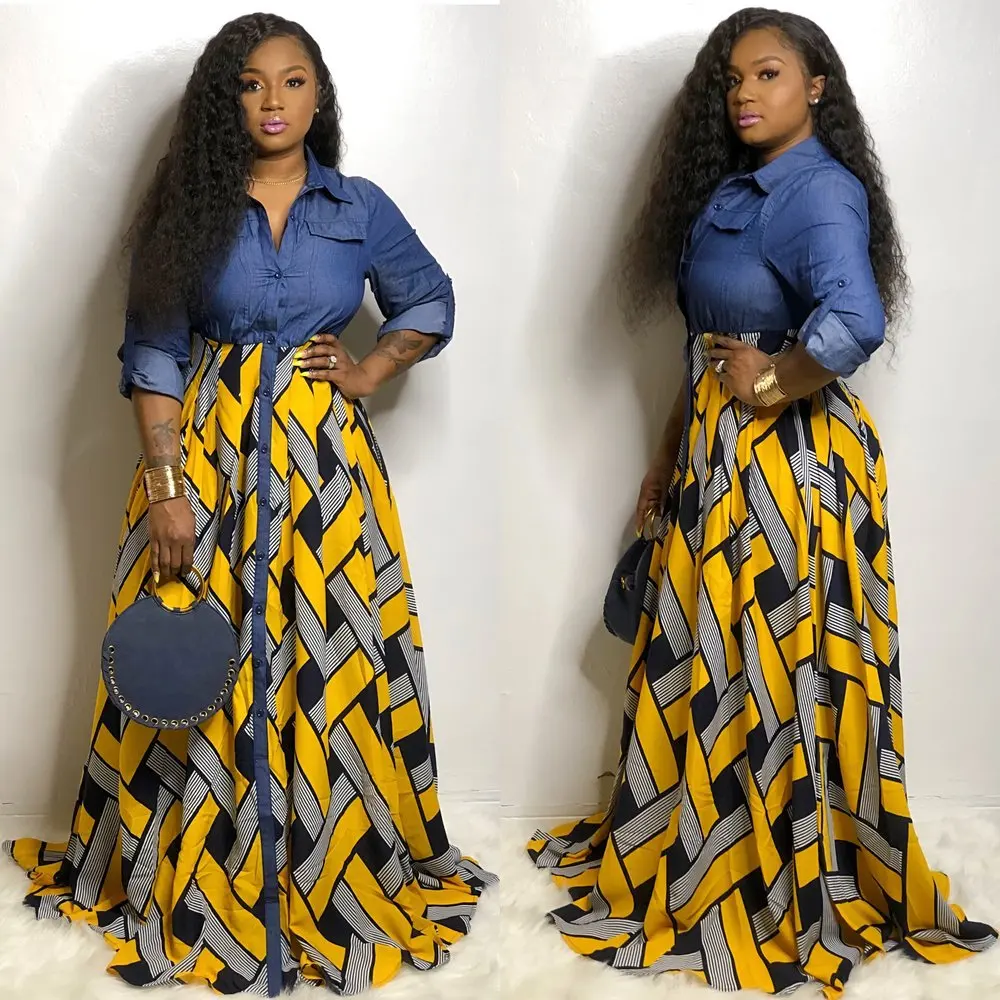 Fall Wear Casual Dresses Long Sleeve Denim Patchwork Print Button Up Shirt Casual Dress African Dress