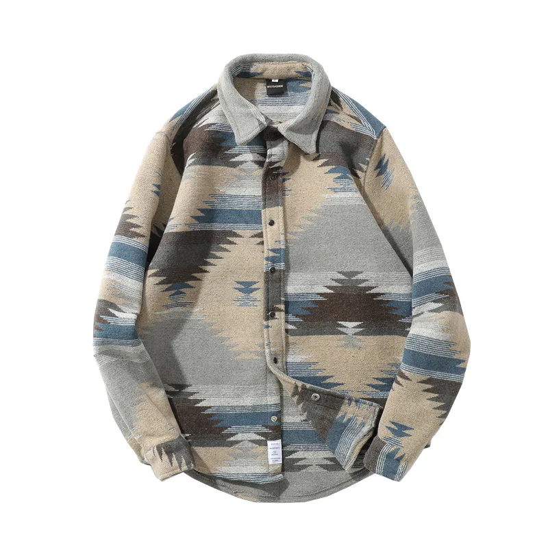Осенняя рубашка в этническом стиле с длинными рукавами Мужская Уличная Свободная куртка оверсайз из шерстяного материала Толстая рубашка оптовая продажа