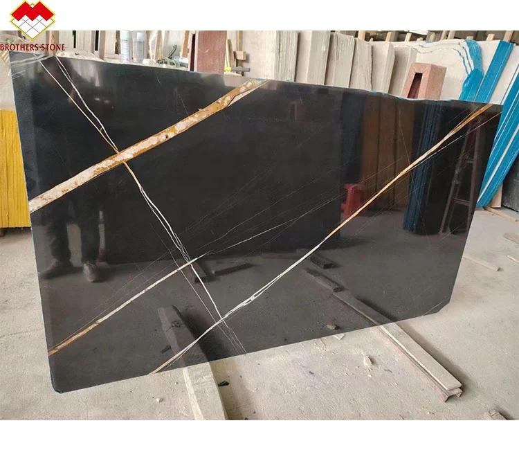 Polished Gold veins black marble slab Lauren black marble furniture stone kitchen black colour big marble tiles for house