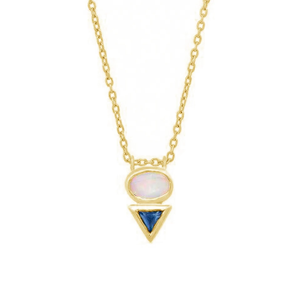 minimalist jewelry necklace 925 sterling silver 18k gold vermeil Oval Opal & triangle sapphire pendant necklace