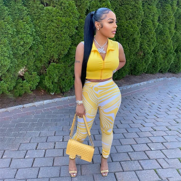 2022 Summer Sleeveless Zipper Crop Top with Legging 2 Piece Set Women clothing Two Piece Outfits Set